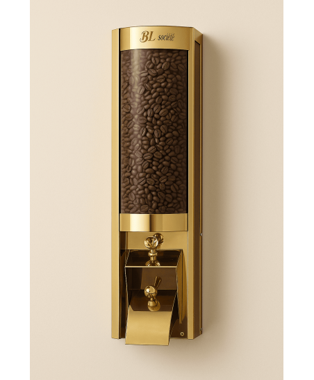 Distributeur café mural doré 8 kg avec trémie transparente pour coffee shop et vrac professionnel